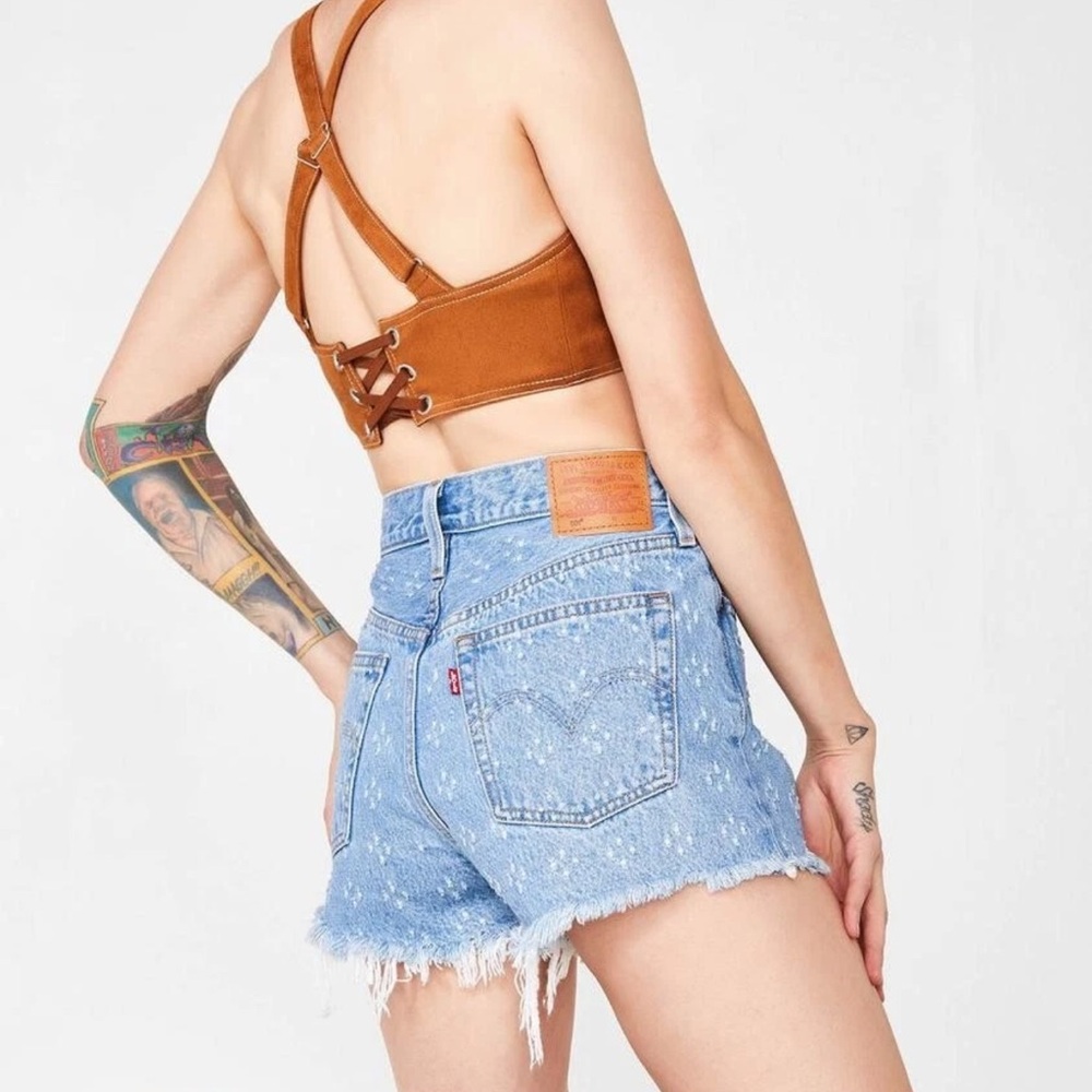 Levis 501 Button Fly High Rise Distressed Frayed Dottie Blues Denim Shorts 29 - Picture 14 of 16